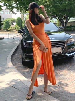 Корейский повседневный комплект из двух предметов с нерегулярным разрезом, женская модная майка с V-образным вырезом и длинные юбки-бинты, летние наряды Sutis