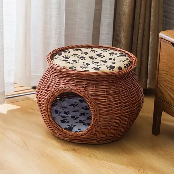 Кошачий домик из ротанга ручной работы, натуральное плетеное кошачье гнездо, кошачьи аксессуары, прочный зеленый с толстым ковриком для крупного питомца 1