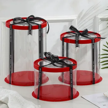 Красная Круглая Прозрачная Коробка для упаковки торта Цилиндрическая Принадлежности для Свадебной Рождественской вечеринки Коробка для кондитерских изделий 5 комплектов