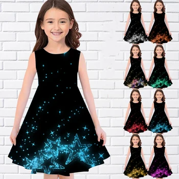 Летнее платье для девочек без рукавов с 3D-принтом в виде ярких звезд, повседневные длинные платья с круглым вырезом, модные платья для девочек на Ид, детские платья