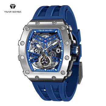 Механические часы TSAR BOMBA Мужские Сапфировые наручные часы Tonneau Skeleton Blue Модные Роскошные мужские автоматические часы