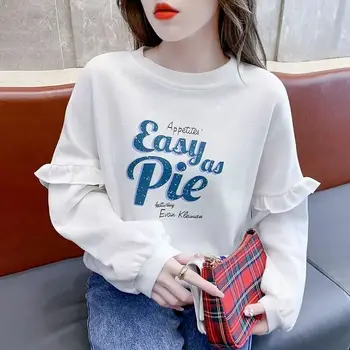 Милая футболка с круглым вырезом и оборками с буквенным принтом, женская одежда 2023, осень-зима, повседневные пуловеры Оверсайз, Корейская футболка 1