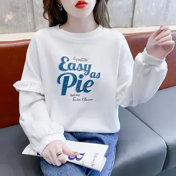 Милая футболка с круглым вырезом и оборками с буквенным принтом, женская одежда 2023, осень-зима, повседневные пуловеры Оверсайз, Корейская футболка 3