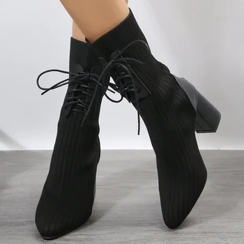 Модная женская обувь 2023 года, женские ботинки на шнуровке, осенние однотонные стрейчевые ботинки большого размера на высоком каблуке до середины икры с острым носком, в сдержанном стиле 2