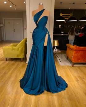 Модное темно-синее Вечернее платье с аппликацией из бисера, без рукавов, на бретельках, Плиссированное Вечернее платье, с высоким разрезом, длиной до пола, со шлейфом, Бальное платье, жилет