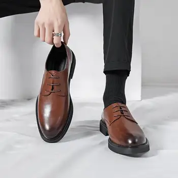 Мужская обувь, деловая повседневная официальная одежда, Черные кожаные туфли в корейском стиле, мужские кожаные туфли с круглым носком, свадебные туфли, мужские