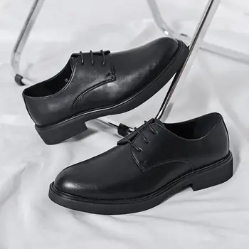 Мужская обувь, деловая повседневная официальная одежда, Черные кожаные туфли в корейском стиле, мужские кожаные туфли с круглым носком, свадебные туфли, мужские 1