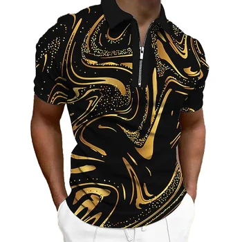 Мужская рубашка поло со стоячим воротником, рубашка для гольфа с 3D принтом, уличная одежда с коротким рукавом и принтом на молнии, повседневная Дышащая
