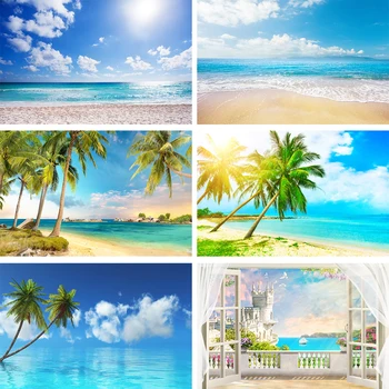 Небо, Море, Пляж, Фон для фотосъемки, Декорации для вечеринки, Портрет ребенка и взрослого, Фотостудия, Замок, Кокосовая пальма, Летний Детский фон 0