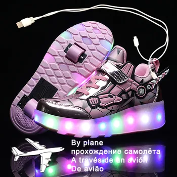 Новая розовая модная обувь для девочек и мальчиков со светодиодной подсветкой для катания на роликовых коньках Детские кроссовки с колесами Two wheels