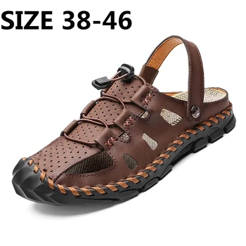 Новые летние мужские сандалии большого размера 38-46, дышащие кожаные мужские тапочки, модные мягкие плоские Классические пляжные сандалии, мужская обувь