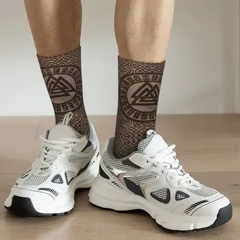 Новые мужские парадные носки с символом Валькнута и рунами на дереве, дышащие теплые носки унисекс с 3D принтом Norse Viking Odin Crew Socks 4