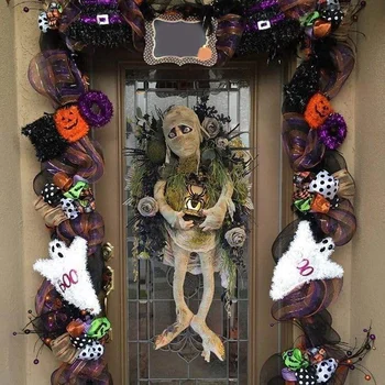 Новый венок для мумии на Хэллоуин для входной двери, Венок на Хэллоуин, Мумия, Венок на Хэллоуин, Страшный Хэллоуин, Череп на Хэллоуин 3