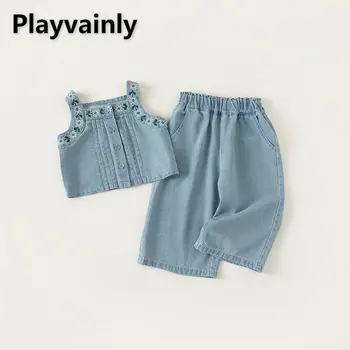 Новый летний джинсовый комплект для маленькой девочки, короткий жилет без рукавов с квадратным воротником + свободные широкие брюки, модная детская одежда E23088 0