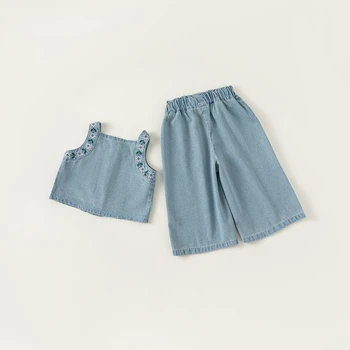 Новый летний джинсовый комплект для маленькой девочки, короткий жилет без рукавов с квадратным воротником + свободные широкие брюки, модная детская одежда E23088 1
