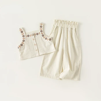 Новый летний джинсовый комплект для маленькой девочки, короткий жилет без рукавов с квадратным воротником + свободные широкие брюки, модная детская одежда E23088 2