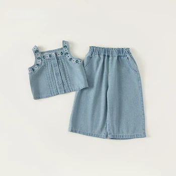 Новый летний джинсовый комплект для маленькой девочки, короткий жилет без рукавов с квадратным воротником + свободные широкие брюки, модная детская одежда E23088 4