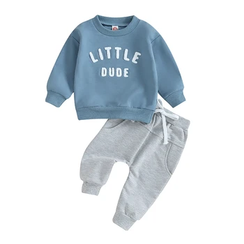 Одежда для маленьких мальчиков из 2 предметов, толстовка с длинными рукавами и эластичными штанами с вышивкой буквами для малышей, осенняя одежда