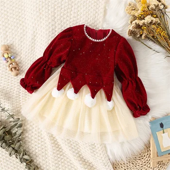 Осенне-Зимнее детское платье, Рождественское платье принцессы для девочек, одежда для дошкольного возраста, Флисовая сетка с длинным рукавом, милая повседневная одежда 0