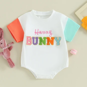 Пасхальный наряд для маленьких мальчиков и девочек, футболка с вышивкой Hunny Bunny, комбинезон, боди с круглым вырезом 3