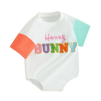 Пасхальный наряд для маленьких мальчиков и девочек, футболка с вышивкой Hunny Bunny, комбинезон, боди с круглым вырезом 4
