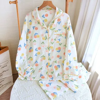Пижама для сна с принтом, пижама из 100% хлопка, Весенне-осенний комплект женской домашней одежды для отдыха