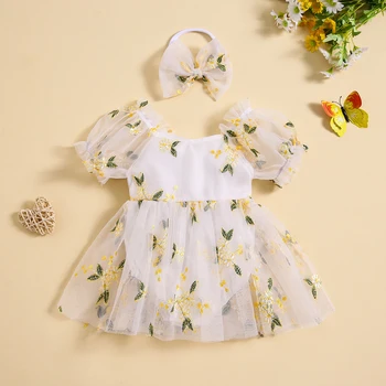Платье-комбинезон трапециевидной формы с пышными рукавами и вышивкой в виде листьев для новорожденной девочки с повязкой на голове бантом, летняя милая одежда