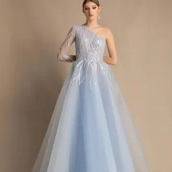 Платья для выпускного вечера на одно плечо трапециевидной формы, расшитое блестками Свадебное платье в пол, Элегантные вечерние платья, бальное платье на заказ 0
