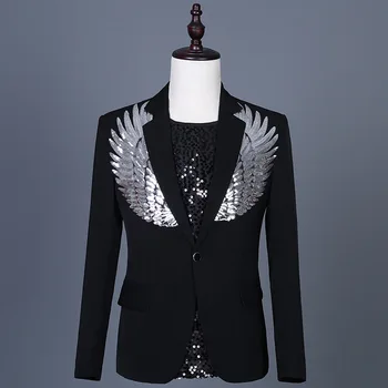 Повседневный мужской пиджак, черно-белая сценическая одежда певца, разноцветные крылья с блестками, пиджак, пальто на одной пуговице, мужские блейзеры
