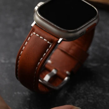 Ремешок для часов ручной работы из воловьей кожи Коричневый ForIwatch Apple Watch Ultra S8 S7 49 мм 45 мм 44 мм Мужской браслет 0