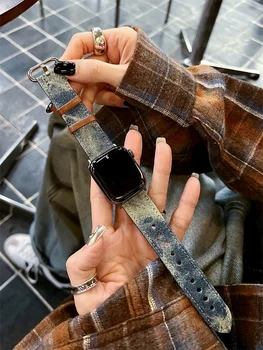 Ретро Овальный Джинсовый Кожаный ремешок с Пуговицами Для Apple Watch 9 8 7 SE 6 5 4 3 Уличный Брендовый Ремешок Для мальчиков и девочек iWatch 41 мм 40 44 45 49 мм