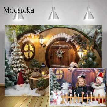 Рождественская фоновая фотография Зимний Снег Замороженный дом Детский портретный фон Рождественская елка Фотостудия с тортом