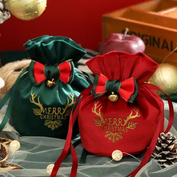 Рождественские Бархатные пакеты для печенья и конфет, упаковочные пакеты для печенья для Рождественской вечеринки 2024, Новогодние подарки для детей, сумки на шнурках 0