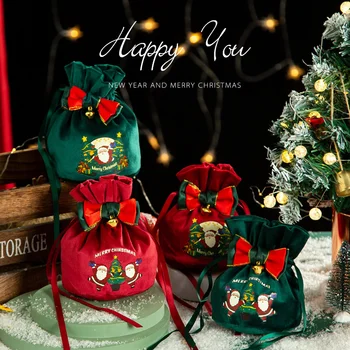 Рождественские Бархатные пакеты для печенья и конфет, упаковочные пакеты для печенья для Рождественской вечеринки 2024, Новогодние подарки для детей, сумки на шнурках 1