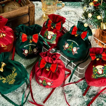 Рождественские Бархатные пакеты для печенья и конфет, упаковочные пакеты для печенья для Рождественской вечеринки 2024, Новогодние подарки для детей, сумки на шнурках 3