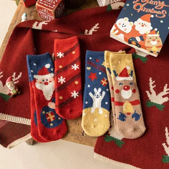 Рождественские коралловые флисовые носки средней длины, теплые утолщенные носки для сна с героями мультфильмов, милые мягкие утолщенные дышащие теплые носки для пола