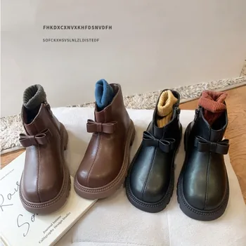 Роскошные ботинки для девочек, новая обувь с бантиком, модные кожаные ботинки, показ кожаной обуви для мальчиков, детские ботинки из тонкого хлопка, детские ботинки для девочек