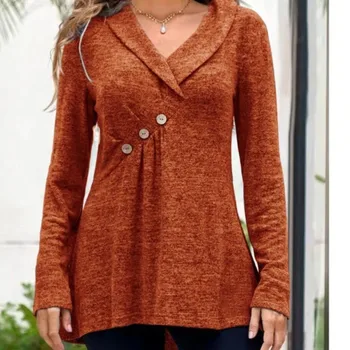 Свободный повседневный однотонный пуловер с V-образным вырезом и длинными рукавами, модная осенне-зимняя трикотажная рубашка 2023 года, Низ для женского топа 2