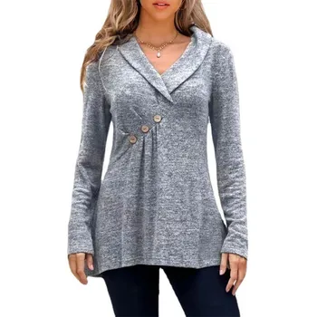 Свободный повседневный однотонный пуловер с V-образным вырезом и длинными рукавами, модная осенне-зимняя трикотажная рубашка 2023 года, Низ для женского топа 4