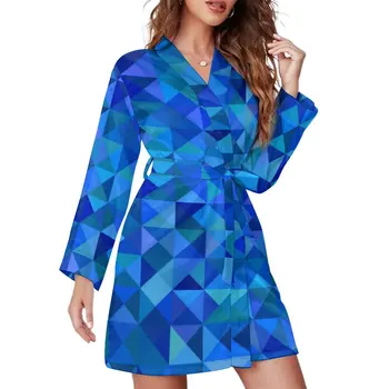 Синий пижамный халат с абстрактной геометрией, яркие формы, теплые пижамные халаты с длинными рукавами, женские пижамы для сна с V-образным вырезом, весеннее платье