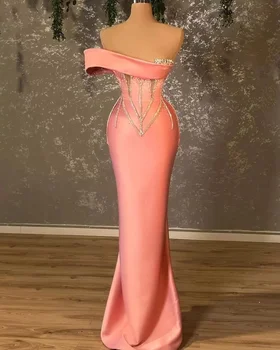 Современные вечерние платья-футляры розового цвета с открытыми плечами, расшитое бисером платье для торжественного случая, вечерние платья Vestidos, платья для приема гостей, платье для помолвки