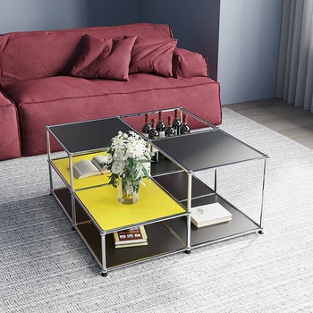 Средневековый комбинированный модуль, квадратный двухслойный журнальный столик из нержавеющей стали для маленькой гостиной, современный простой журнальный столик в стиле арт