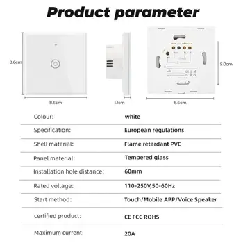 Умный сенсорный настенный выключатель Wi-Fi 20A с дистанционным таймером TUYA App Выключатели света, водонагревателя, холодильника, духовки Работают с Alexa Home 1