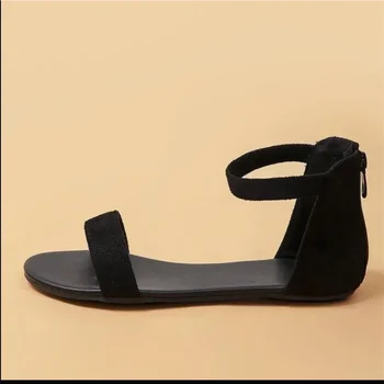 Французские сандалии на плоской подошве с прямым ремешком, универсальная летняя мода, низкий каблук, римские туфли с открытым носком 1