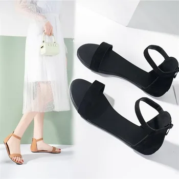 Французские сандалии на плоской подошве с прямым ремешком, универсальная летняя мода, низкий каблук, римские туфли с открытым носком 2