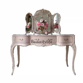 Французский ретро Розовый туалетный столик из массива дерева в европейском стиле, туалетный столик с резьбой, туалетный табурет, сочетание стекла