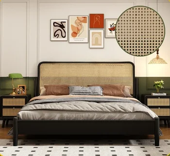 Черная кровать из массива дерева, французская двуспальная кровать для проживания в семье, тихая мебель в стиле ретро 0