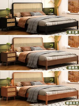Черная кровать из массива дерева, французская двуспальная кровать для проживания в семье, тихая мебель в стиле ретро 2