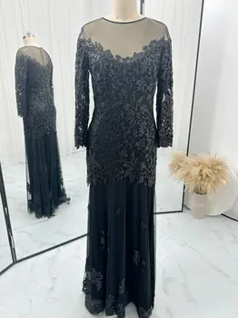 Черное элегантное кружевное вечернее платье с пайетками для похудения с длинными рукавами для банкета M1511